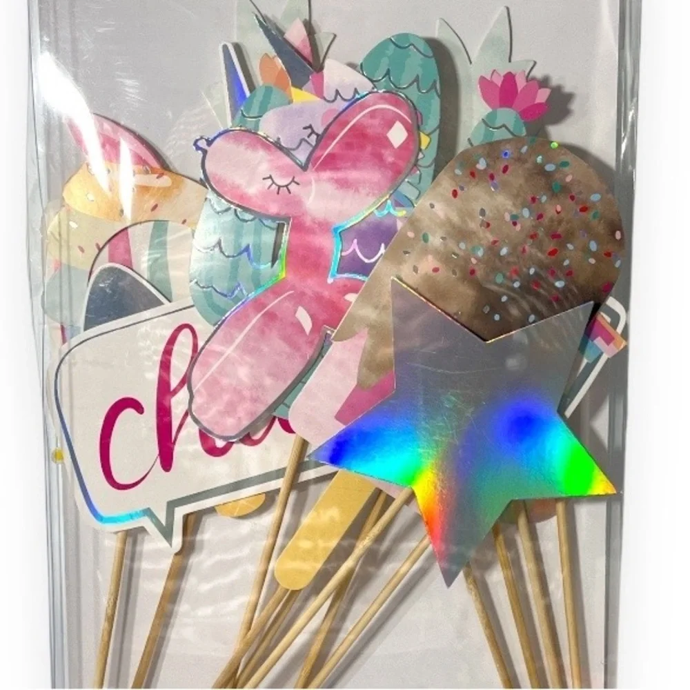Pastel‎ Unicorn Party Decorations Picks Fans Photo Booth Tag Kit Stickers Stamp